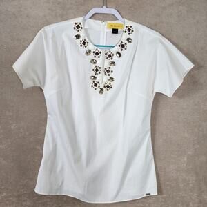 St. John Size 10 Casual blouse Gem Detail short sleeve Old Money Quiet Luxury